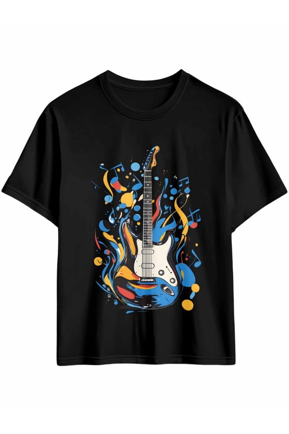 Men's T-Shirt Blue Cartoon Guitar Musical Note Short Sleeve Casual Tee Classic Crew Neck T-Shirt for Men, 2XL