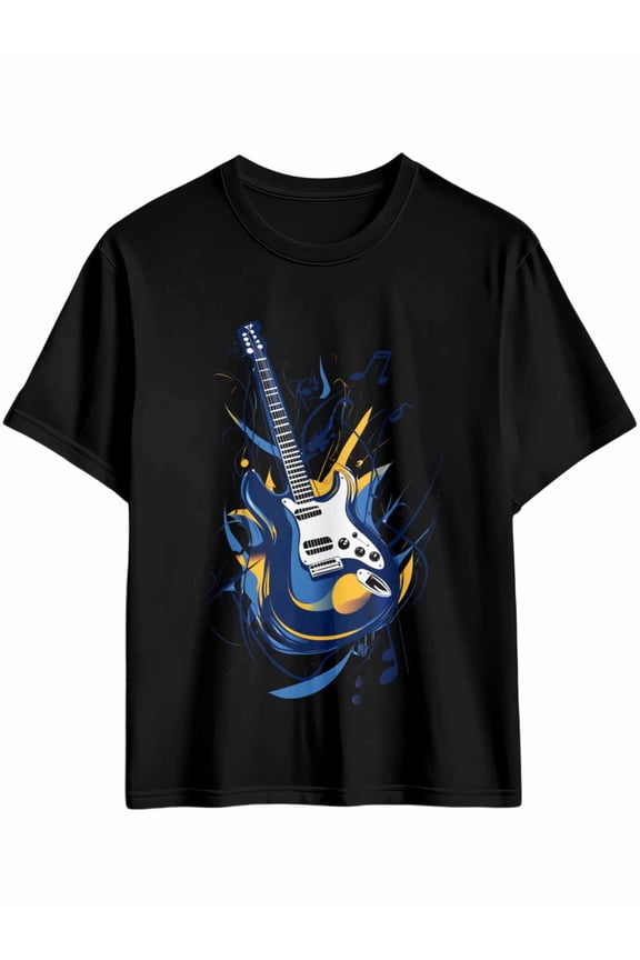 Men's T-Shirt Blue Cartoon Guitar Musical Notes Short Sleeve Casual Tee Classic Crew Neck T-Shirt for Men, 2XL