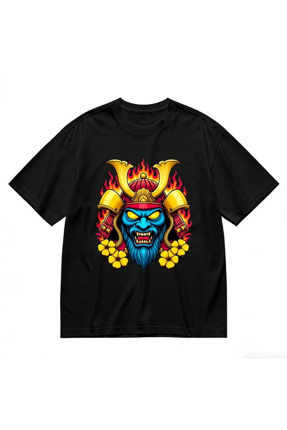 Men's T-Shirt Blue Demon Samurai Helmet Fire Comfortable And Versatile Outdoor Casual Short Sleeve