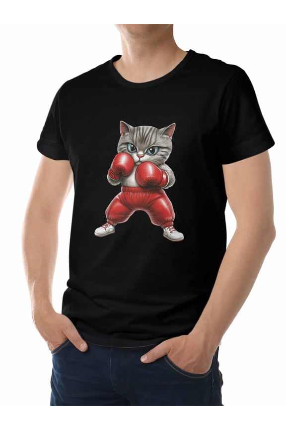 Men's T-Shirt,Boxing Cat Short Sleeve Crewneck Casual Tee Shirts,Black-XS