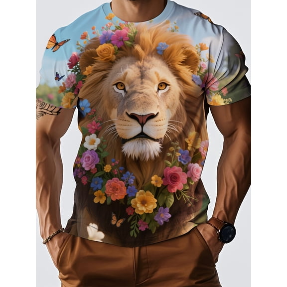 Men's T-Shirt - Bright Full Cover Print Crew Neck Short Sleeve T-Shirt, Regular Casual Summer Top, Machine Washed Wildlife Clothing, Comfortable Casual Clothing