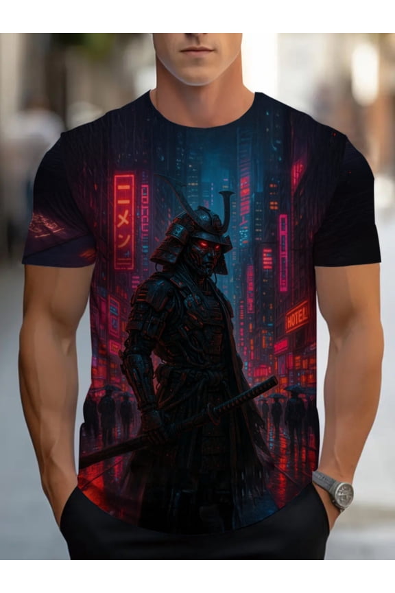 Men's T-Shirt - Bright red and blue neon pattern, strong and durable material, comfortable and close-fitting, perfect for home or office wear, light and fashionable summer top