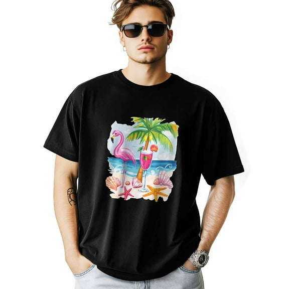 Men's T-Shirt Cartoon Beach Flamingo Shell Short Sleeve Casual Tee Classic Crew Neck T-Shirt for Men, M