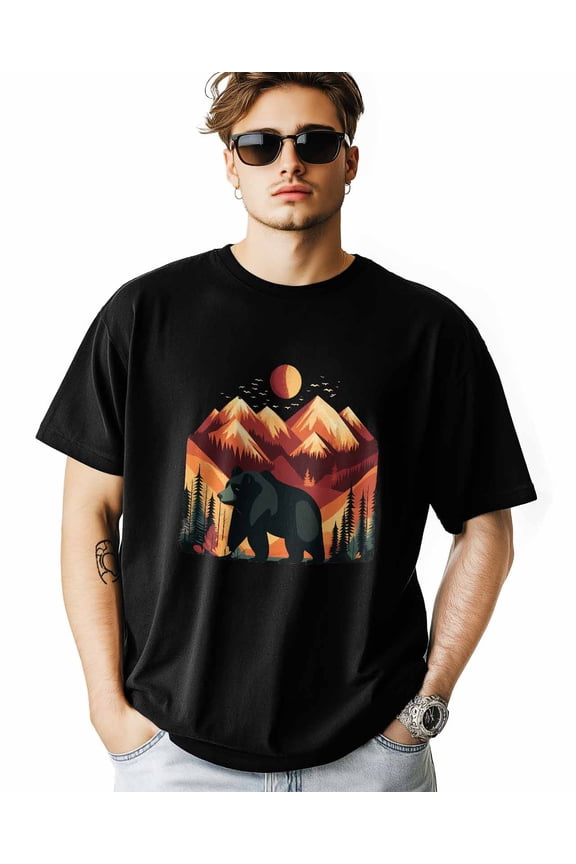 Men's T-Shirt Cartoon Bear Mountain Sun Nature Short Sleeve Casual Tee Classic Crew Neck T-Shirt for Men, XL