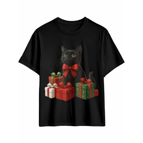 Men's T-Shirt Cartoon Black Cat Christmas Box Bow Short Sleeve Casual Tee Classic Crew Neck T-Shirt for Men, Black L