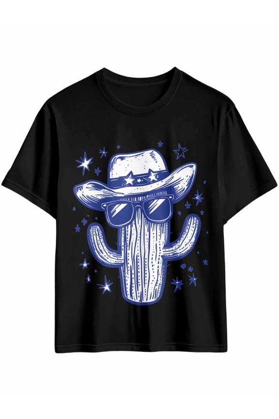 Men's T-Shirt Cartoon Cactus Western Cowboy Hat Short Sleeve Casual Tee Classic Crew Neck T-Shirt for Men, XL