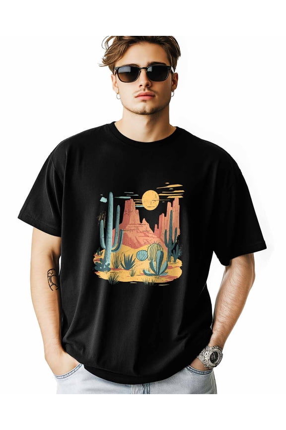 Men's T-Shirt Cartoon Desert Mountain Cactus Short Sleeve Casual Tee Classic Crew Neck T-Shirt for Men, L