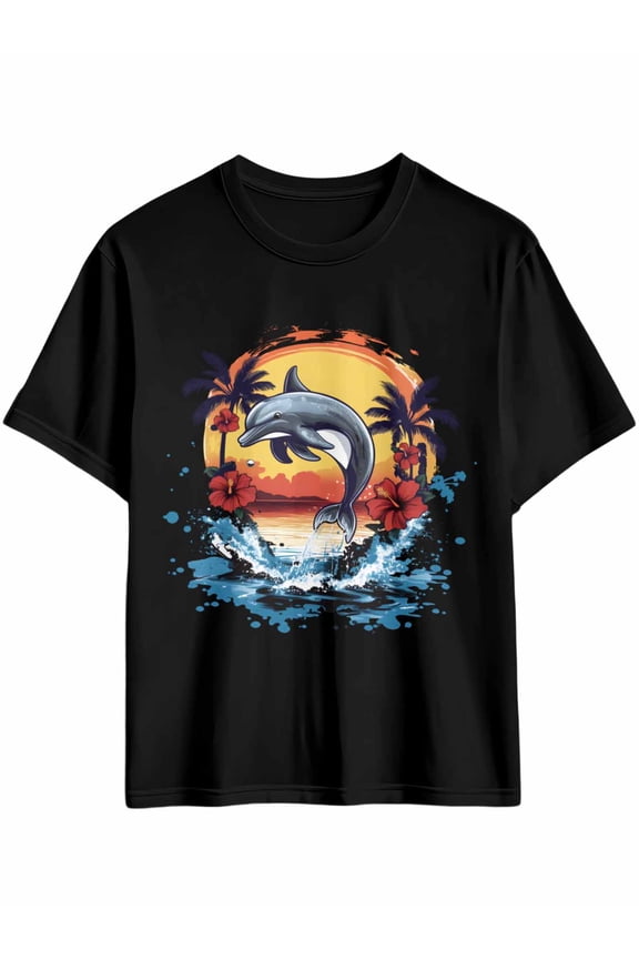 Men's T-Shirt Cartoon Dolphin Sea Sunset Short Sleeve Casual Tee Classic Crew Neck T-Shirt for Men, 4XL