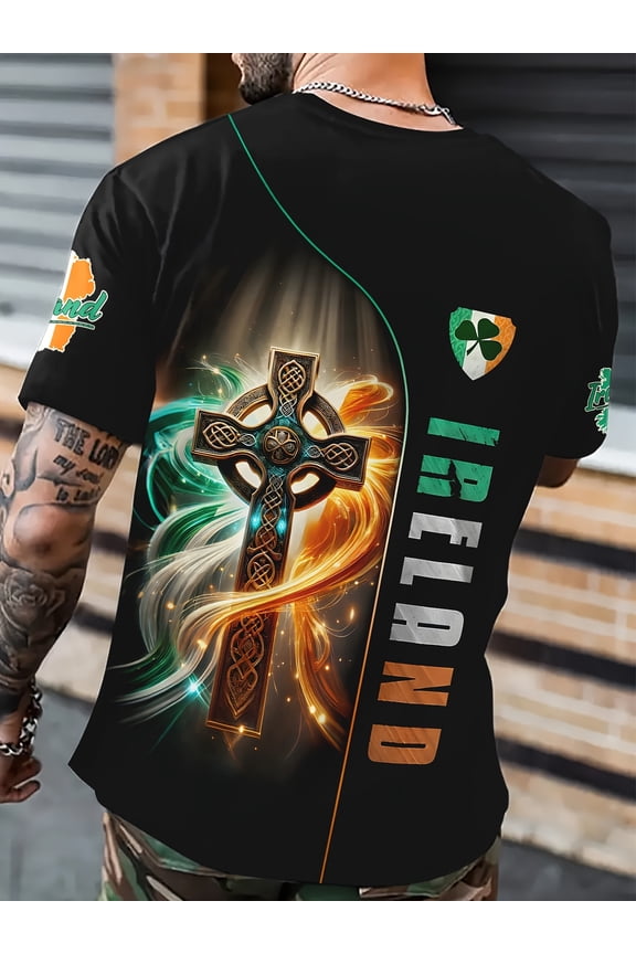 Men's T-Shirt - Casual Black Polyester T-Shirt, Vibrant Celtic Pattern, Crew Neck Short Sleeves, Lightweight Summer Wear, Breathable Clothing