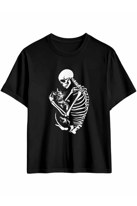 Men's T-Shirt Cat Skull Abstract Hug Short Sleeve Casual Tee Classic Crew Neck T-Shirt for Men, Black XL