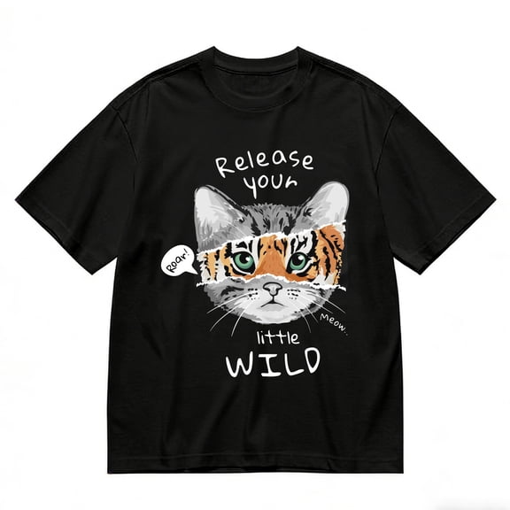 Men's T-Shirt Cat With Tiger Eyes And Text Comfortable And Versatile Outdoor Casual Short Sleeve
