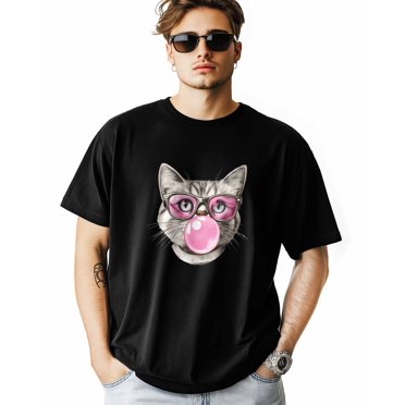 Men's T-Shirt Cat in Glasses Pink Bubble Animal Short Sleeve Casual Tee Classic Crew Neck T-Shirt for Men, S