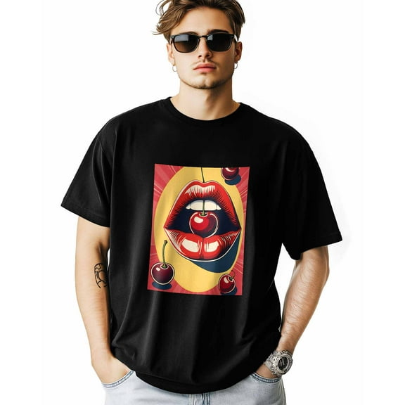 Men's T-Shirt Cherry Lip Fruit Short Sleeve Casual Tee Classic Crew Neck T-Shirt for Men, L