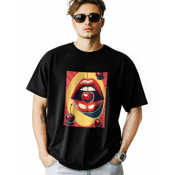 Men's T-Shirt Cherry Lip Fruit Short Sleeve Casual Tee Classic Crew Neck T-Shirt for Men, S