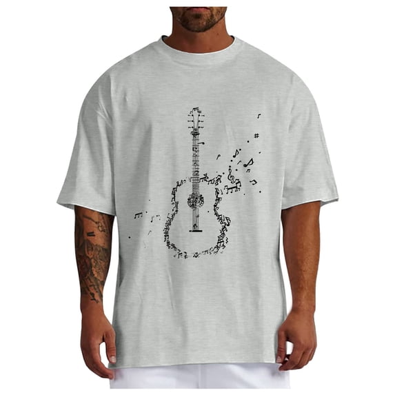 Rggeeun Men'S T-Shirt Classic Watercolor Guitar Graffiti Cotton Blend Knit Short Sleeve Crew Neck Relaxed Fit For Outdoor Picnics Comfort Tops,Light Gray,Xxl