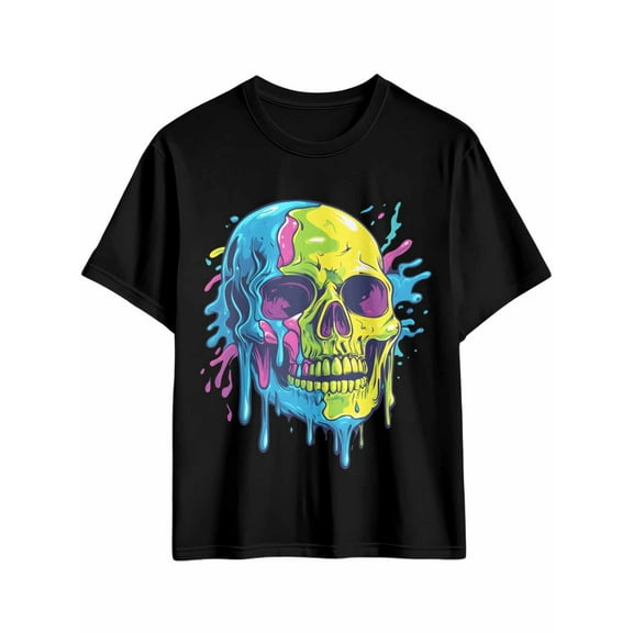 Men's T-Shirt Color Skull Illustration Funny Modern Art Short Sleeve Casual Tee Classic Crew Neck T-Shirt for Men, L
