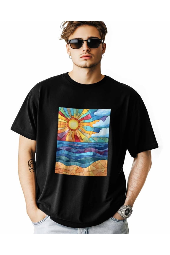 Men's T-Shirt Colored Glass Ocean Ombre Short Sleeve Casual Tee Classic Crew Neck T-Shirt for Men, L