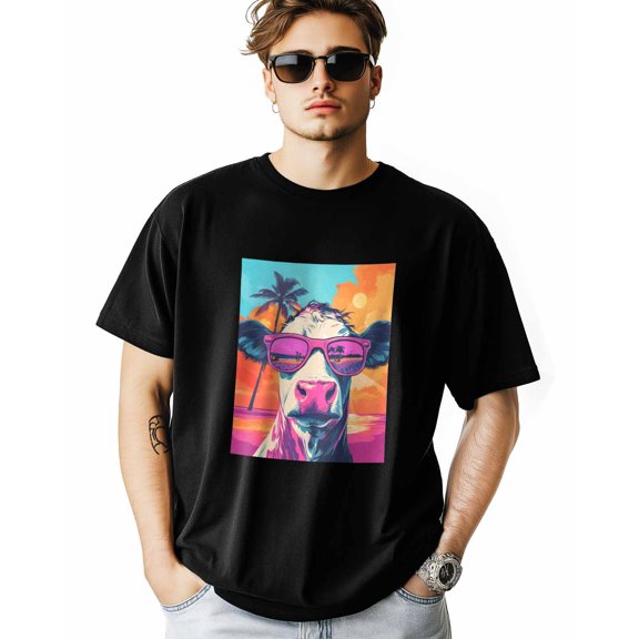Men's T-Shirt Colorful Cool Cow Wearing Glasses Short Sleeve Casual Tee Classic Crew Neck T-Shirt for Men, M