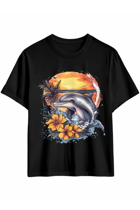 Men's T-Shirt Cute Dolphin Sunset Sea Short Sleeve Casual Tee Classic Crew Neck T-Shirt for Men, M