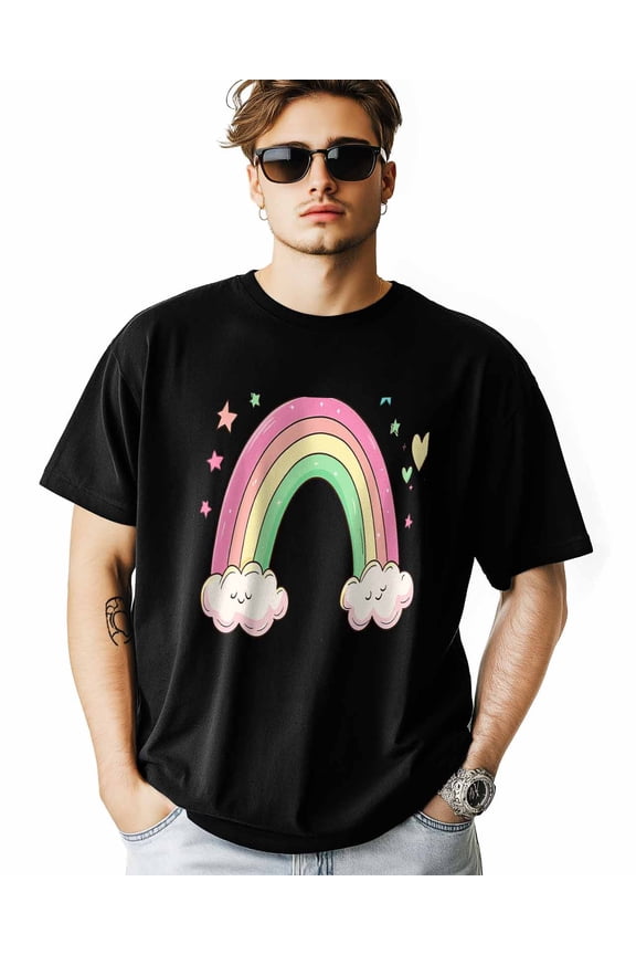 Men's T-Shirt Cute Rainbow Cloud Stars Short Sleeve Casual Tee Classic Crew Neck T-Shirt for Men, 2XL