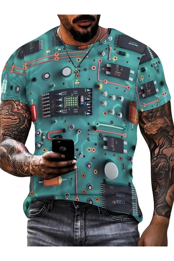 Men's T-Shirt - Cyberpunk Graphic Tee With Turquoise & Black Circuit Board Design, Soft Breathable Polyester Shirt For Concerts,Everyday Streetwear - Machine Washable Plus Size Top