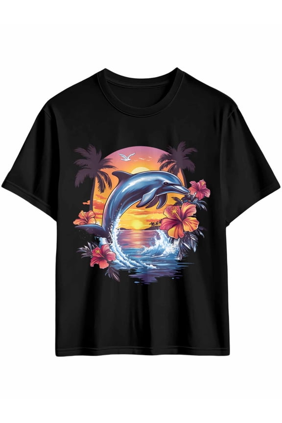 Men's T-Shirt Dolphin Sunset Sea Flowers Short Sleeve Casual Tee Classic Crew Neck T-Shirt for Men, 2XL