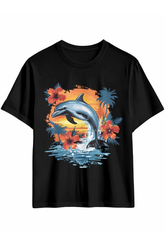 Men's T-Shirt Dolphin Sunset Sea Short Sleeve Casual Tee Classic Crew Neck T-Shirt for Men, 2XL