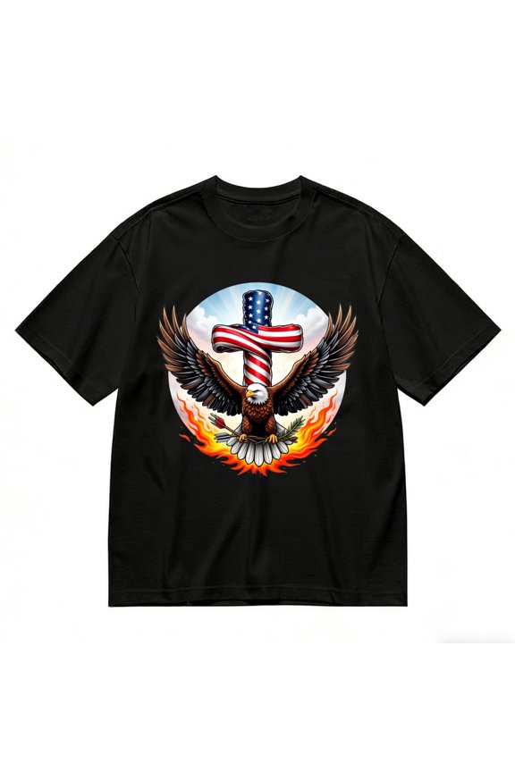 Men's T-Shirt Eagle Cross Flag Fire Comfortable And Versatile Outdoor Casual Short Sleeve