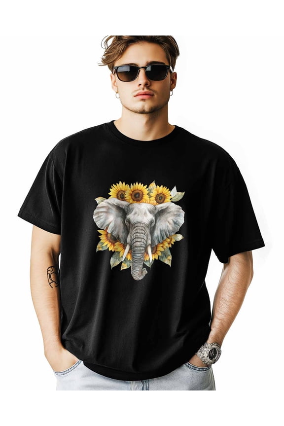 Men's T-Shirt Elephant Sunflower Animal Plant Short Sleeve Casual Tee Classic Crew Neck T-Shirt for Men, 2XL