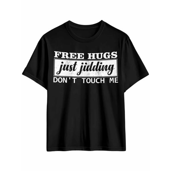 Men's T-Shirt FREE HUGS Just Jidding Modern Art Graffiti Short Sleeve Casual Tee Classic Crew Neck T-Shirt for Men, XL