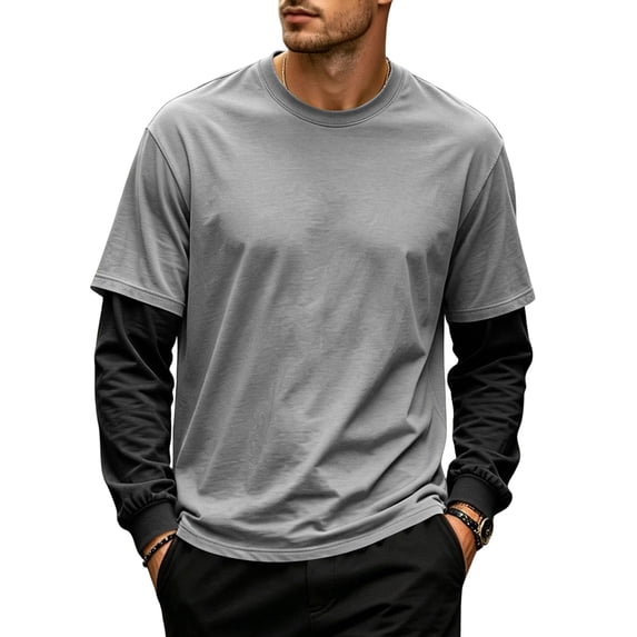 Men's T-Shirt Fake Two-Piece Layered Look Contrast Sleeve Casual Long Sleeve Pullover Fall Solid Color Top