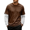 thumbnail image 1 of Men's T-Shirt Fake Two-Piece Layered Look Contrast Sleeve Casual Long Sleeve Pullover Fall Solid Color Top, 1 of 6