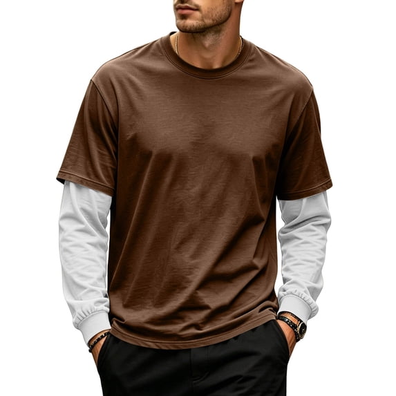 Men's T-Shirt Fake Two-Piece Layered Look Contrast Sleeve Casual Long Sleeve Pullover Fall Solid Color Top