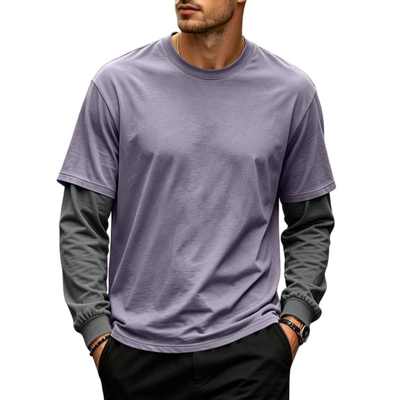 Men's T-Shirt Fake Two-Piece Layered Look Contrast Sleeve Casual Long Sleeve Pullover Fall Solid Color Top