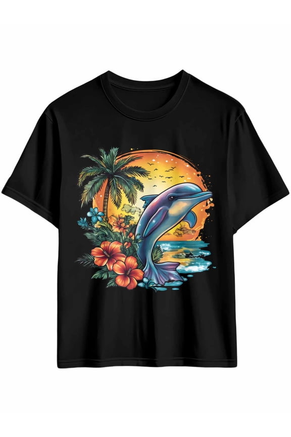 Men's T-Shirt Flowers Dolphin Sunset Sea Short Sleeve Casual Tee Classic Crew Neck T-Shirt for Men, 2XL