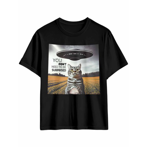 Men's T-Shirt Funny Cat Alien UFO Short Sleeve Casual Tee Classic Crew Neck T-Shirt for Men, M