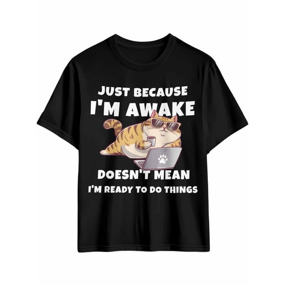 Men's T-Shirt Funny Lazy Cat Wearing Sunglasses Laptop Short Sleeve Casual Tee Classic Crew Neck T-Shirt for Men, L