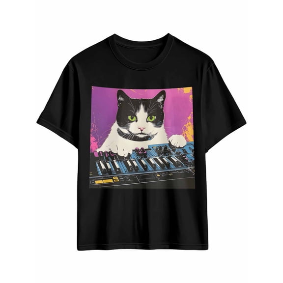 Men's T-Shirt Funny Music Cat Playing Instrument Short Sleeve Casual Tee Classic Crew Neck T-Shirt for Men, XL