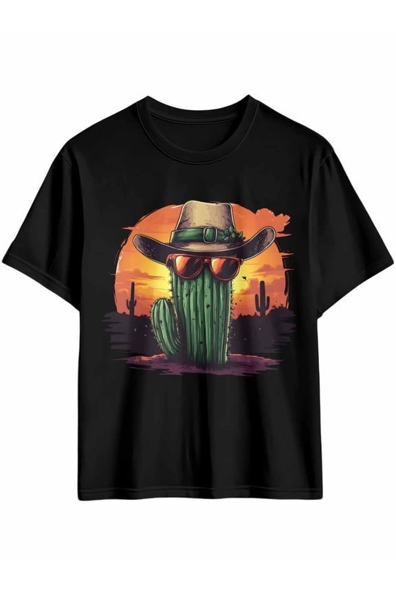 Men's T-Shirt Funny Western Cactus Sunglasses Hat Sunset Short Sleeve Casual Tee Classic Crew Neck T-Shirt for Men, XL