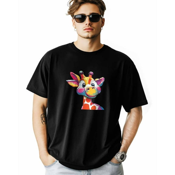 Men's T-Shirt Giraffe Colorful Painting Short Sleeve Casual Tee Classic Crew Neck T-Shirt for Men, M