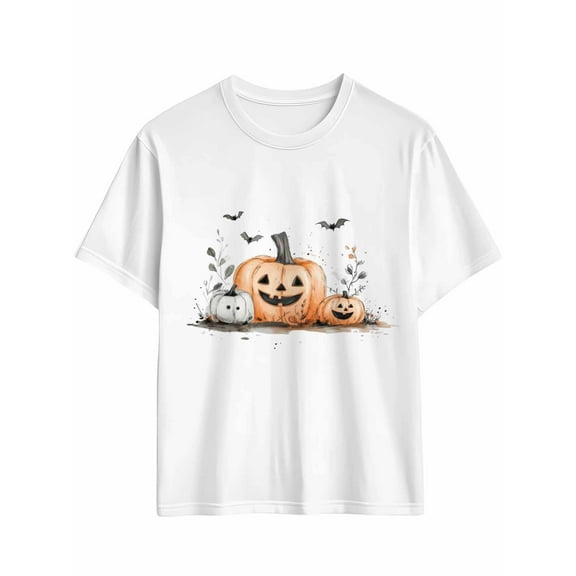 Men's T-Shirt Halloween Jacko Pumpkins Bat Leaves Short Sleeve Casual Tee Classic Crew Neck T-Shirt for Men, White 2XL