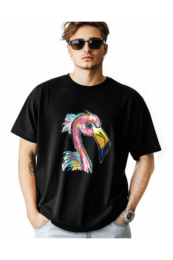 Men's T-Shirt Hand Drawn Style Cartoon Flamingo Short Sleeve Casual Tee Classic Crew Neck T-Shirt for Men, M