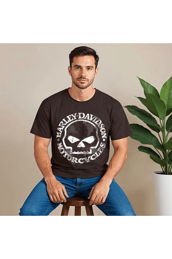 Men's T-Shirt, Hand Made Willie G Skull Distressed, Harley Davidson Shirt