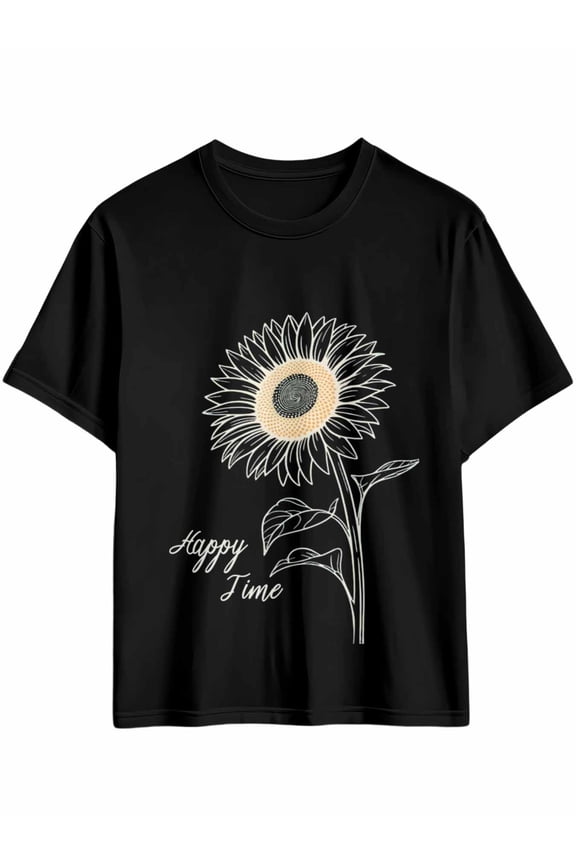 Men's T-Shirt Happy Time Minimalist Style Line Sunflower Short Sleeve Casual Tee Classic Crew Neck T-Shirt for Men, Black M