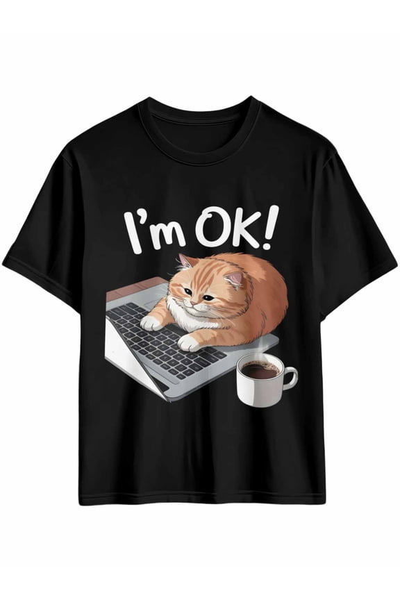 Men's T-Shirt I'm OK Lazy Orange Cat and Notebook Short Sleeve Casual Tee Classic Crew Neck T-Shirt for Men, Black 2XL