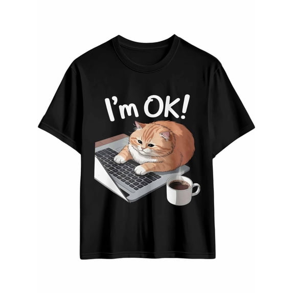 Men's T-Shirt I'm OK Lazy Orange Cat and Notebook Short Sleeve Casual Tee Classic Crew Neck T-Shirt for Men, Black 4XL