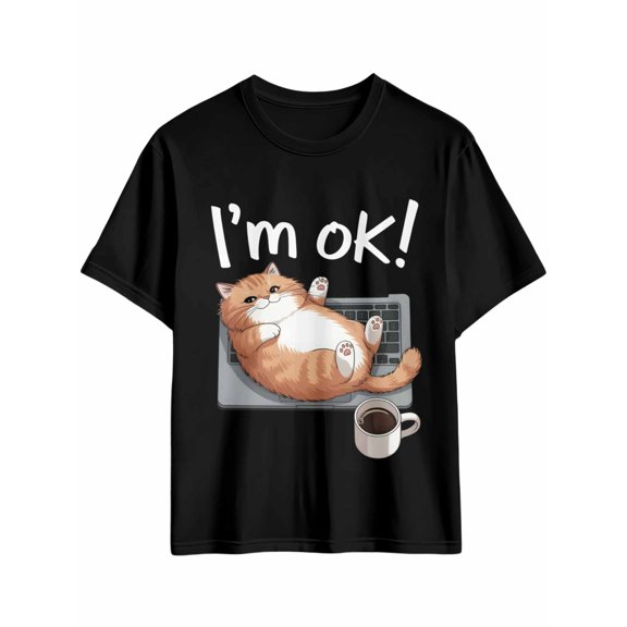 Men's T-Shirt I'm OK Orange Cat on Notebook Short Sleeve Casual Tee Classic Crew Neck T-Shirt for Men, Black M