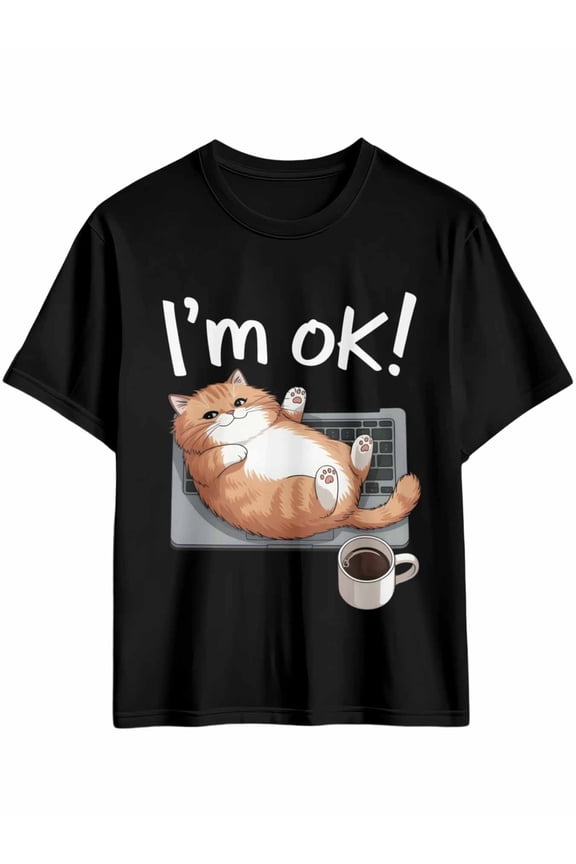 Men's T-Shirt I'm OK Orange Cat on Notebook Short Sleeve Casual Tee Classic Crew Neck T-Shirt for Men, Black M