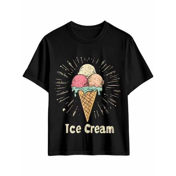 Men's T-Shirt Ice Cream Ball Hand-drawn Illustration Short Sleeve Casual Tee Classic Crew Neck T-Shirt for Men, Black 2XL