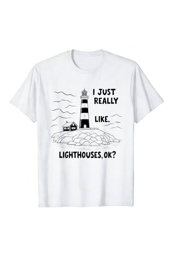 Men's T-Shirt Lighthouse On Rock With Waves Comfortable And Versatile Outdoor Casual Short Sleeve